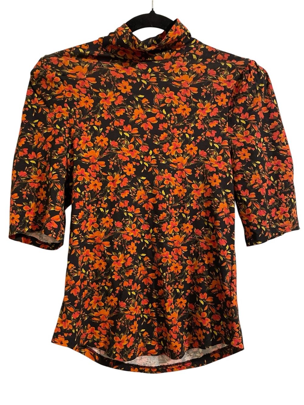 GAP Feather Tee Black with Orange Floral Print Mock Neck Size Small